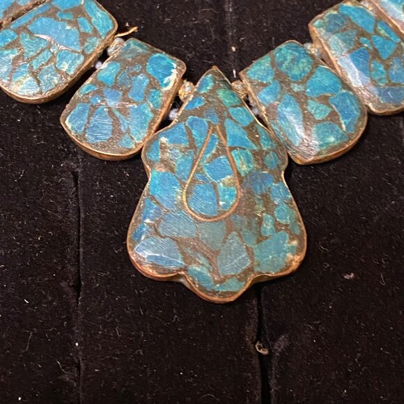 Vintage Blue Mosaic Stone Necklace With Toggle Clasp - Picture 3 of 16